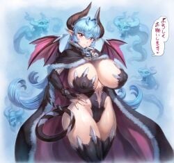 absurdres blue_hair breasts cape covered_nipples demon demon_girl demon_horns demon_tail demon_wings highres huge_breasts mogudan original pointy_ears solo tail wings