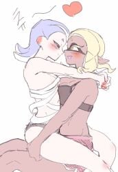 bra frye_(splatoon) heart hugging looking_at_another panties sameke sarashi shiver_(splatoon) sitting sitting_on_lap splatoon splatoon_3 straddling undone_sarashi yuri