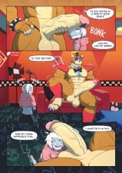 absurd_res animatronic anthro athletic_wear balls bear big_balls big_penis bottomwear bow_tie clothed clothing comic duo e-zoid english_text five_nights_at_freddy's five_nights_at_freddy's:_security_breach genitals glamrock_freddy gym_bottomwear gym_shorts hair hi_res huge_balls huge_cock kiddie_jukes kobold machine male male/male mammal minz_(e_zoid) muscular muscular_male partially_clothed penis robot scottgames shorts size_difference steel_wool_studios text vein veiny_penis white_hair