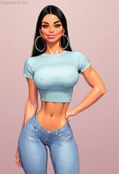 ai ai_generated bimbo bimbo_body bimbo_lips black_hair brown_skin crop_top fake_breasts fatima_bashar hoop_earrings muslim muslim_female nipples_visible_through_clothing oc original_character