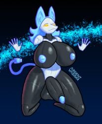 abstract_background anthro argentvasimr balls big_breasts big_penis black_body blue_nipples breasts cybernetics cyborg deltarune genitals gynomorph hi_res huge_breasts intersex kneeling machine nipples penis robot solo tasque_manager thick_thighs undertale_(series) white_body yellow_eyes