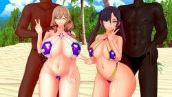 2boys 2girls beach big_breasts big_thighs bikini breasts busty codeyumi dark-skinned_male dark_skin female genshin_impact huge_breasts huge_thighs koikatsu large_breasts large_thighs lisa_(genshin_impact) male mature_female milf mona_(genshin_impact) multiple_males navel peace_sign swimsuit thick_thighs thighs twintails v_sign voluptuous