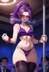 ai_generated angry annoyed audience blush blush bracelet civitai club embarrassed embarrassed_female female female_focus ihatethemic large_ass lingerie lingerie_bra lingerie_panties medium_breasts night night_club people_in_background ponytail purple_bra purple_eyes purple_hair purple_panties stockings strip_club stripper stripper_pole tagme thick_ass thick_thighs tied_up visible_breath wide_hips