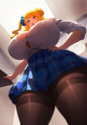 ai_due ai_generated bare_legs big_woman bigger_female blonde_hair blue_eyes breasts_bigger_than_head galko gigantic_breasts gyaru hair_bun huge_breasts huge_thighs light-skinned_female light_skin long_hair looking_down low-angle_view massive_breasts oshiete!_galko-chan school_uniform schoolgirl side_ponytail solo_female squatting stockings sweat sweatdrop thick_body thick_female thick_thighs thighs thighs_bigger_than_head voluptuous voluptuous_female