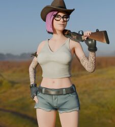 1girl 1girls 3d_(artwork) arm_tattoo blender calamity_(fortnite)_(cosplay) clothes_on cowboy_hat cowgirl fortnite glasses hi_res holding_weapon lynx_(fortnite) pink_hair plentysession western