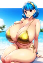 ai_generated ameanon beach big_breasts bikini blue_hair breasts breasts_bigger_than_head cleavage gigantic_breasts gold_bikini headband huge_breasts large_breasts pink_eyes rina_atherina rina_atherina_(errorkazoo) sideboob thick_thighs underboob