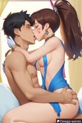 1girl1boy ai_generated bed big_breasts both_eyes_closed brown_hair d.va dress earrings exposed_breasts female gloves kissing kissing kissing_while_penetrated modakawa_dress muscular_male omega-weirdo overwatch overwatch_2 patreon ponytail sex straddling tongue_kiss whisker_markings