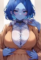 ai_generated big_breasts blue_eyes blue_hair blue_skin blush breasts collar elden_ring looking_at_viewer ranni_the_witch slimetenshi