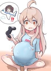 ! !! 1860_(ichi) @_@ ahoge aircraft airplane big_belly controller female game_controller genderswap_(mtf) highres holding holding_controller holding_game_controller inflation long_hair onii-chan_wa_oshimai! open_mouth orange_eyes oyama_mahiro oyama_mihari pink_hair pregnant rule_63 shirt sitting solo speech_bubble sweat t-shirt tears