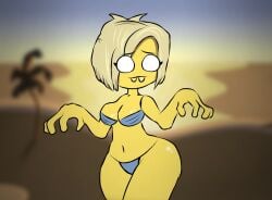 banana_zombie beach beach_background big_ass big_breasts big_breasts bikini blue_bikini cute cute_face cute_girl eyelashes eyes_open eyes_visible_through_hair glowing_eyes palm_tree short_hair short_hair_female showing_off shy shy_expression shy_smile teeth_showing thick_ass thick_thighs traced white_eyes yellow_hair yellow_skin zombie zombie_catchers zombie_girl zombiecatchers