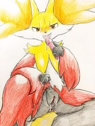 1girls ass big_ass big_ears black_body black_fur blush bodily_fluids bottom_heavy bottomless canine clitoris colored_pencil_(artwork) delphox dildo dress dress_lift dripping eiroru eye_contact female female_only feral flat_chest fox fur furry genital_fluids half-closed_eyes hi_res holding inner_ear_fluff licking looking_at_viewer nintendo open_mouth orange_eyes pokémon_(species) pokemon pokemon_xy pose pussy pussy_juice red_body red_fur saliva sex_toy sketch smile solo spread_legs spreading thick_thighs tongue tongue_out traditional_media_(artwork) tuft video_games wet white_body white_fur wide_hips yellow_body yellow_fur