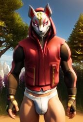 ai_generated biceps bulge drift_(fortnite) fortnite front_view gay hoodie jockstrap jockstrap_only kitsune looking_at_viewer male male_only mask masked_male muscular muscular_male no_pants toned_body toned_male twall97