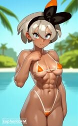 1girls ai_generated background bea_(pokemon) bikini blurry_background blush blush blushing_at_viewer breasts cowboy_shot dark_skin dark_skinned_female fit_female grey_eyes grey_hair looking_at_viewer micro_bikini muscle_girl muscles pokemon pool pov short_hair tanned tanned_female tanned_girl tanned_skin thats_euphoria thighs