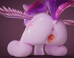 2019 3d alicorn anus ass bodily_fluids cutie_mark equid equine female feral friendship_is_magic gaping gaping_pussy genital_fluids hair hi_res horn mammal my_little_pony nude ooredelen pussy pussy_juice pussy_juice_leaking pussy_juice_string simple_background solo twilight_sparkle_(mlp) wings