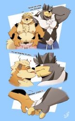 2boys anthro arcanine bara blush bulge chubby danipika fur furry gay hand_on_head holding_hands licking licking_face male male_only muscular muscular_male nipples panels partially_clothed pecs pokemon pokemon_(species) shorts standing text urshifu