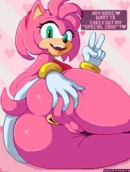 1girls 2024 amy_rose anthro anus ass bottomless clothed clothing countmoxi dialogue dress english_text eulipotyphlan female female_only genitals gesture gloves green_eyes hand_gesture handwear heart_symbol hedgehog looking_at_viewer looking_back looking_back_at_viewer mammal multicolored_body open_mouth open_smile pink_body pink_hair pixel_art pussy sega simple_background smile smiling_at_viewer solo sonic_(series) sonic_the_hedgehog_(series) tan_body text two_tone_body v_sign