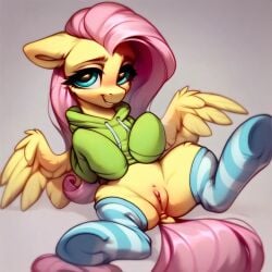 ai_generated cutie_mark female feral fluttershy_(mlp) friendship_is_magic fur hair hasbro long_hair my_little_pony pink_hair pussy solo yellow_body yellow_fur