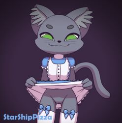 anthro ashe_(starshippizza) black_nose bottomless bow clothed clothing clothing_lift collar digital_media_(artwork) domestic_cat dress dress_lift eyebrows felid feline felis female fur green_eyes grey_body grey_fur grey_tail hi_res inner_ear_fluff legwear lifted_by_self long_tail looking_at_viewer mammal pussy simple_background smile solo starshippizza thigh_highs topwear tuft whiskers