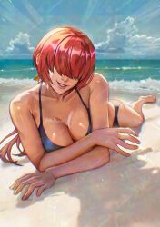 1girls beach big_breasts big_breasts bikini bikini_bottom bikini_top black_bikini breasts breasts busty chest clothed clouds female king_of_fighters legs light-skinned_female light_skin long_hair looking_at_viewer on_stomach outdoors outside ponytail red_hair sand sea seaside shermie_(kof) smiling smiling_at_viewer sunbathing thighs tied_hair voluptuous voluptuous_female waves