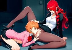 2girls ai_generated black_high_heels black_skirt black_socks black_suit cunnilingus dominant_female female female/female female_only frown glasses hand_on_head high_heels licking_pussy mitsuru_kirijo oral oral_sex orange_hair pantyhose persona persona_3 persona_3_reload pink_nails pink_sweater pussy pussy_juice red_hair spread_legs spreading_pussy sweatdrop tagme teacher teacher_outfit tongue_in_pussy torn_pantyhose white_shirt yukari_takeba yuri