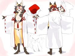 1girls anthro bikini black_hair canid canine character_sheet female female_only fox fox_mask fur furry hi_res hood japanese_clothes kame_3 long_hair mask masked_fox_(kame_3) smile solo tied_hair yellow_fur