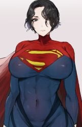 1girls absurd_res black_hair bodysuit breasts dc_comics female female_only hi_res kara_zor-el kataku_musou large_breasts light-skinned_female light_skin looking_at_viewer short_hair solo supergirl superman_(series) wide_hips