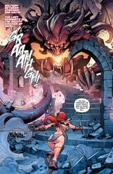 bikini_armor butt_crack comic english_text female huge_ass long_hair monster official_art red_hair red_sonja red_sonja_(comics) swords warrior