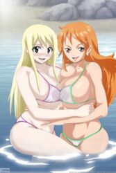 2girls big_breasts bikini bikini_bottom bikini_top blonde_hair breasts brown_eyes cleavage clothing crossover eyebrows eyelashes fairy_tail female female_only long_hair lucy_heartfilia nami_(one_piece) neeba nipples one_piece open_mouth open_smile orange_hair post-timeskip shounen_jump thick_thighs water wide_hips