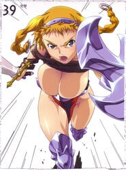 angry bikini_armor blonde_hair blue_eyes cleavage female hisayuki_hirokazu huge_breasts leina queen's_blade shield sword thick_thighs warrior