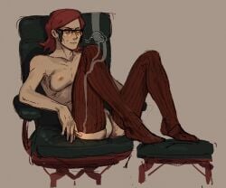 1boy body_hair breasts_out chair cigarette closed_eyes cuntboy cuntboy_only feet_up leaning_back male male_only maxie_(pokemon) partially_clothed smoking solo suggestive thighhighs