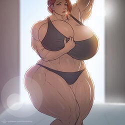 1girls abs big_breasts bikini cleavage clothed eye_contact green_eyes huge_ass huge_breasts hyper hyper_breasts looking_at_viewer moxydoxy muscular muscular_arms muscular_female muscular_legs patreon pose red_hair short_hair text thick_thighs url watermark wide_hips