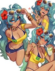 1girls ass big_ass big_breasts big_thighs bikini blue_eyes blue_hair blush blushypixy blushyspicy brazil brazilian brazilian_female brazilian_miku breasts butt cleavage cyan_eyes cyan_hair female female_only flower flower_in_hair green_nails hatsune_miku heart latin_american_hatsune_miku_(meme) long_hair looking_at_viewer nail_polish navel navel_piercing painted_nails peace_sign shirt short_shorts shorts smile solo sunglasses sunglasses_on_head swimsuit tagme tan tan_body tanline thick_hips thick_thighs thighs thong_straps tongue tongue_out twintails v vocaloid white_background yellow_shirt