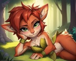 ai_generated anthro brown_fur elora female female_only forest fur furry goat green_eyes kumdevince laying_down laying_on_side leaning_forward looking_at_viewer outside pointy_ears solo spyro_the_dragon tail