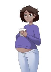 1girls almeram02 amphibia brown_eyes brown_hair cup dark-skinned_female holding_object hyper_belly mrs._boonchuy oum_boonchuy pregnant ready_to_pop smile solo