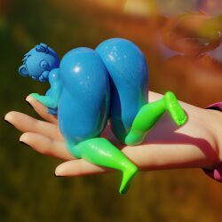 3d 3d_(artwork) anthro bare_legs barefoot big_ass big_breasts blue_body colored_skin ctgiantess cuddle_team_leader fortnite fortnite:_battle_royale gummi_team_leader gummy_creature huge_ass huge_breasts looking_at_viewer looking_back micro minigirl naked naked_female shrunk shrunken_woman soles sweat sweet syd_(fortnite) thick_ass thick_thighs wet wet_body