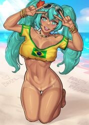 1girls 2024 absurdres anklet artist_name beach blue_eyes blue_hair bottomless bracelet brazil brazilian brazilian_female brazilian_miku breasts cleavage cyan_eyes cyan_hair dark-skinned_female dark_skin double_v ear_piercing earrings english_text female female_only flower flower_in_hair hatsune_miku highres kneeling large_breasts latin_american_hatsune_miku_(meme) long_hair looking_at_viewer necklace open_mouth peace_sign redjet sand sea shirt short_shorts shorts solo solo_female sunglasses_on_head tagme tan_skin tanline text twintails v vocaloid watermark writing