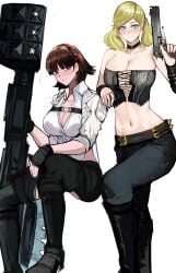 2girls ann_takamaki big_breasts blonde_hair blue_eyes breasts brown_hair corset cosplay devil_may_cry female female_only gun holding_weapon hourglass_figure huge_breasts lady_(devil_may_cry)_(cosplay) large_breasts makoto_niijima megami_tensei multiple_girls nero_watch persona persona_5 pigtails pistol red_eyes trish_(devil_may_cry)_(cosplay) twintails weapon