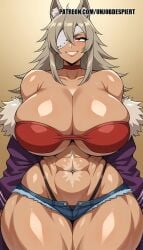 1girls abs ai_generated animal_ears bandeau bare_shoulders black_panties breasts choker cleavage collarbone cowboy_shot dark-skinned_female dark_skin eyepatch fur-trimmed_jacket fur_trim grey_hair grin highleg highleg_panties huge_breasts jacket long_hair looking_at_viewer muscular muscular_female navel off_shoulder one-eyed panties red_choker red_eyes scar scar_on_cheek scar_on_face scar_on_stomach shiny shiny_skin short_shorts shorts smile solo thick_thighs thighs underwear