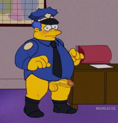 1boy 20th_century_fox 20th_century_studios blue_hair chief_wiggum clancy_wiggum cop erection fat fat_man hat human machojuice male male_only obese obese_male overweight overweight_male penis police police_uniform shirt socks solo testicles the_simpsons veiny_penis yellow_skin