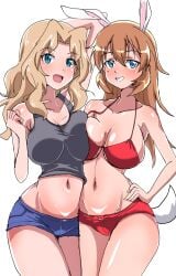 2girls animal_ears blonde_hair breast-to-breast breast_press bunny_ears charlotte_e_yeager girls_und_panzer kay_(girls_und_panzer) large_breasts long_hair orange_hair rafale1008 slut strike_witches tail world_witches_series