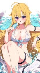 ahoge arm_strap armpits bare_arms bare_belly bare_legs bare_shoulders bare_thighs big_breasts bikini blonde_hair blush bracelet breasts cleavage collarbone hua-huahua koshi_torako long_hair open_mouth partially_submerged popsicle purple_eyes shikanoko_nokonoko_koshitantan shiny_skin sideboob sitting swim_ring thigh_strap thighs water wet_body white_bikini