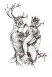 2015 5_fingers anal anal_sex animal_genitalia animal_penis anthro anthro_on_anthro anthro_penetrated anthro_penetrating anthro_penetrating_anthro antlers ass biped black_lips black_nose bodily_fluids bodyguard_position canid canine canine_penis canis capreoline cervid claws closed_eyes collar cum cum_drip dark_fur domestic_dog domination dripping duo ears_back erection fingers from_behind_position fur genital_fluids gloves_(marking) graphite_(artwork) greyscale handjob hi_res holding_leash holding_object hooved_fingers hooves horn humanoid_hands husky inner_ear_fluff interspecies kenket knot leash leash_pull lips long_mouth male male/male male_domination male_penetrated male_penetrating male_penetrating_male mammal markings monochrome mouth_hold no_sclera nordic_sled_dog nude open_mouth pencil_(artwork) penetration penile penis pivoted_ears portrait precum reach_around reindeer sex side_view simple_background sketch smile snout spitz standing standing_sex submissive submissive_male three-quarter_portrait tongue tongue_out traditional_media_(artwork) tuft white_background white_body white_fur