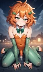 ai_generated covered_penis feet femboy fishnets green_bowtie green_eyes hands-free leotard orange_hair penis pumpki toes