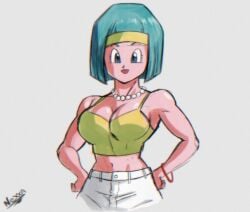 1girls big_breasts blue_eyes blue_hair bob_cut bulma_briefs bulma_briefs_(bojack_movie) collar dragon_ball dragon_ball_super dragon_ball_z dragon_ball_z:_bojack_unbound female hand_on_hip hands_on_hips headband hotpants huge_breasts looking_at_viewer medium_hair nexxa nexxart sfw sketch smiling_at_viewer solo tank_top yellow_headband yellow_tank_top