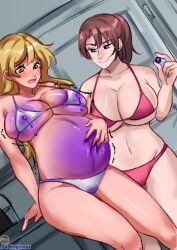 2girls amber_eyes ass_expansion beengineer belly_expansion big_ass big_belly big_breasts bikini blonde_hair blue_eyes blue_skin blueberry blueberry_inflation breast_expansion brown_hair cleavage expansion feeding grabbing_own_belly inflation lactation lactation_through_clothes leaking leaking_pussy light-skinned_female light_skin navel skin_turning_blue thin_waist wide_hips