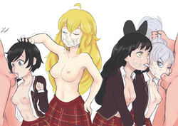 4girls blake_belladonna clothing cum cum_on_closed_eye cum_on_face deepthroat facial faunus female hair_grab head_grab human kneeling long_blonde_hair male oozutsucannon oral ponytail_hold ruby_rose rwby short_black_hair short_hair tagme team_rwby teenager throat_bulge weiss_schnee yang_xiao_long