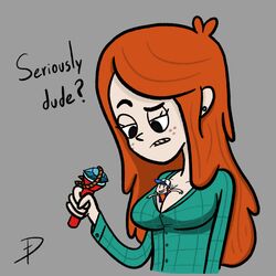 breasts cleavage defmno dipper_pines disney disney_channel female flannel giantess gravity_falls orange_hair red_hair redhead shrinking smooth_skin tiny wendy_corduroy