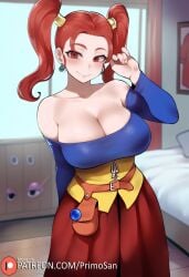 ai_generated bare_shoulders dragon_quest dragon_quest_viii earrings ginger ginger_hair jessica_albert large_breasts looking_at_viewer primosan red_eyes red_hair skirt smile standing twintails