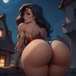 ai_generated amazon amazonian ass ass_focus big_ass big_butt black_hair blue_eyes bubble_ass bubble_butt dat_ass dc dc_comics diana_prince eogard_orc looking_back_at_viewer muscular_female night princess rooftop round_ass royal royalty self_upload stable_diffusion superheroine thick tiara wonder_woman