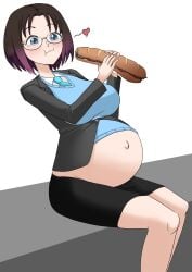 1girls almeram02 black_hair blue_eyes eating elma_(dragon_maid) glasses highlights_(coloring) hyper_belly miss_kobayashi's_dragon_maid outie_navel pregnant ready_to_pop smile solo